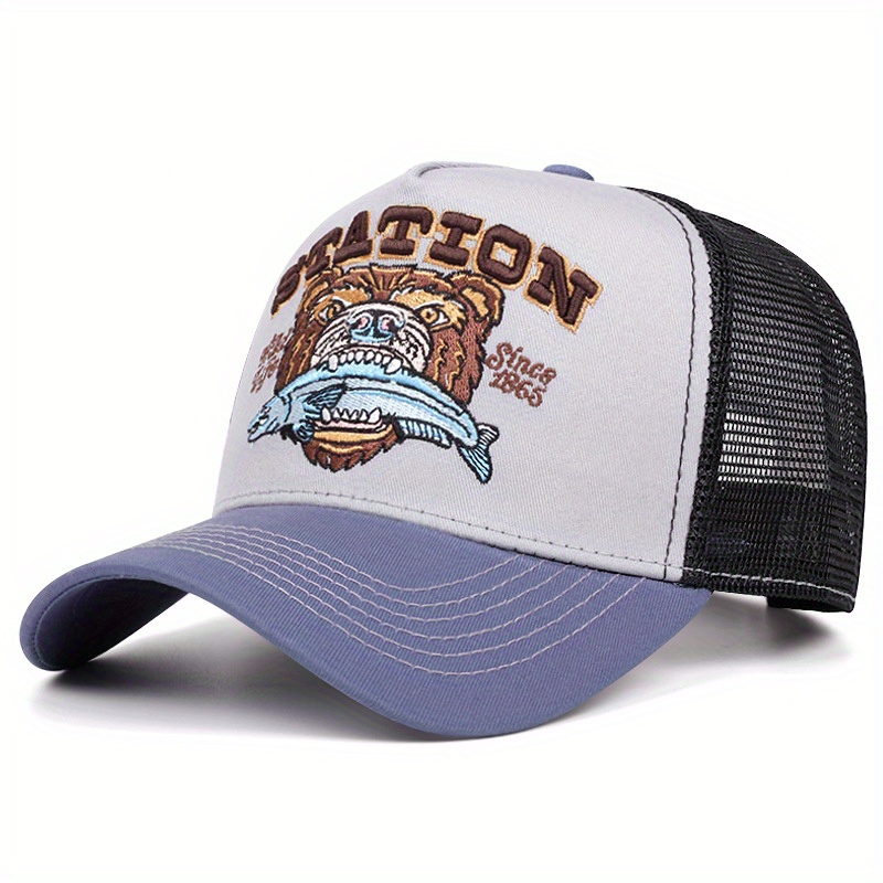 TEMU Retro Bear Head Print Baseball Cap Unisex Breathable Mesh Contrast Color Trucker Hat