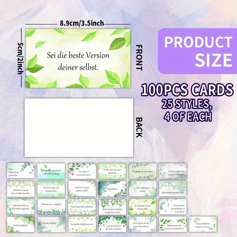Image of 100pcs Card Set - German Fresh Greenery Watercolor Style - Themed Inspirational Quote Cards, 25 Unique Styles, Suitable For , Family, Festivals, Encouragement & Gratitude
