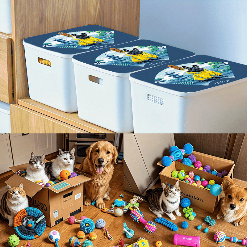 Juego de Tres Cajas de Almacenamiento para Mascotas con Tapas, Organizador  de Juguetes y Snacks para Gatos y Perros Estilo Lindo de Cachorro