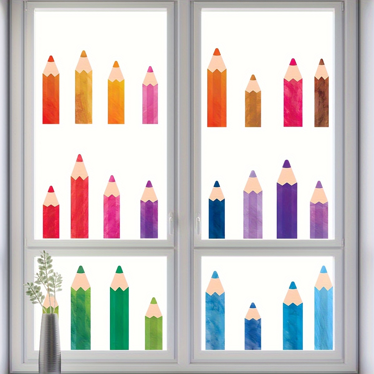Image of 24 Colorful Bohemian-style Colored Pencil Window Stickers - Self-adhesive Pvc Semi-matte Decorations For Irregular Glass Shapes In Homes And Offices