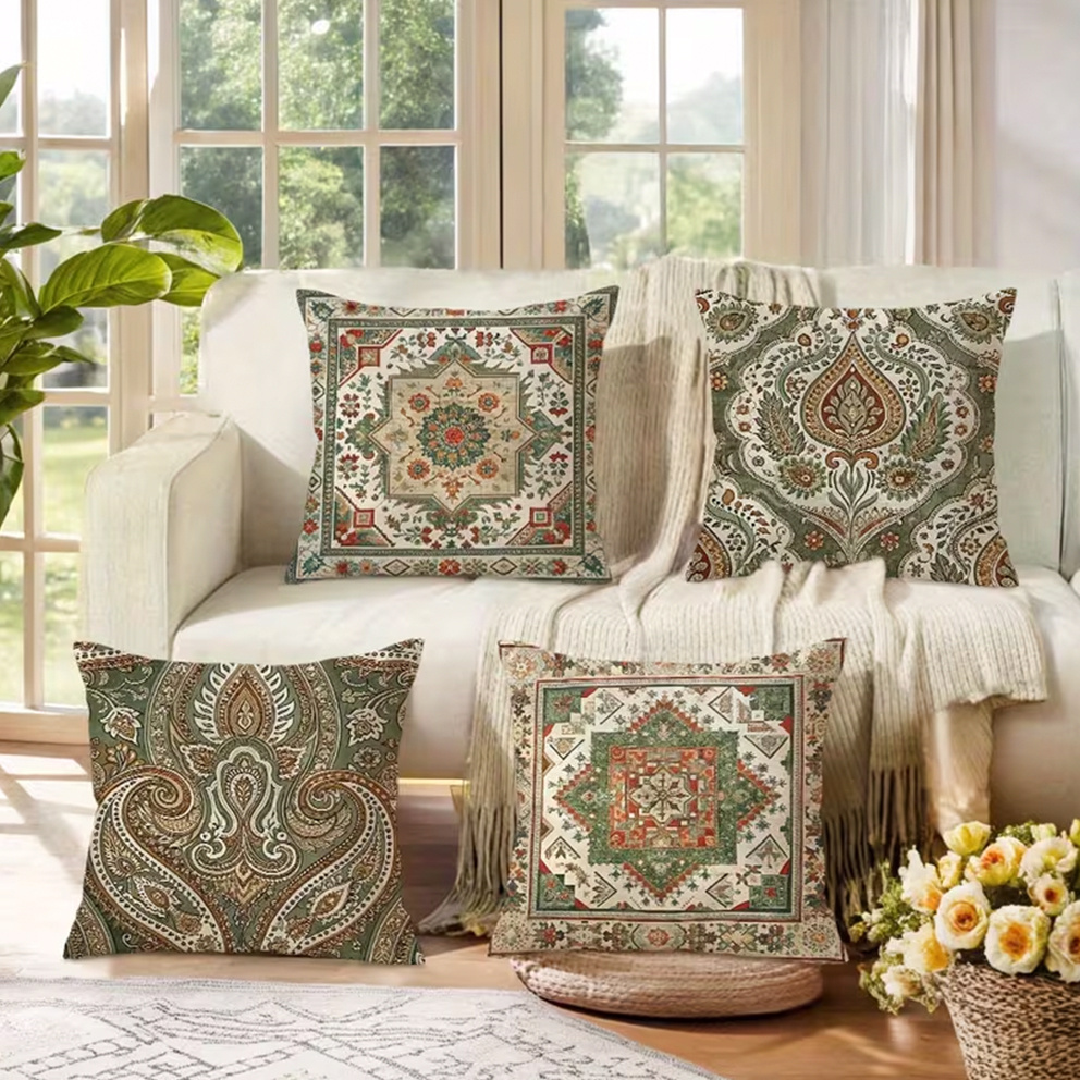 TEMU 4pcs Bohemian Mandala Floral Linen Pillowcase, Green And Brown, For Sofas, Bedrooms, Indoor And Outdoor Comfortable Decorative Cushions, Turkish