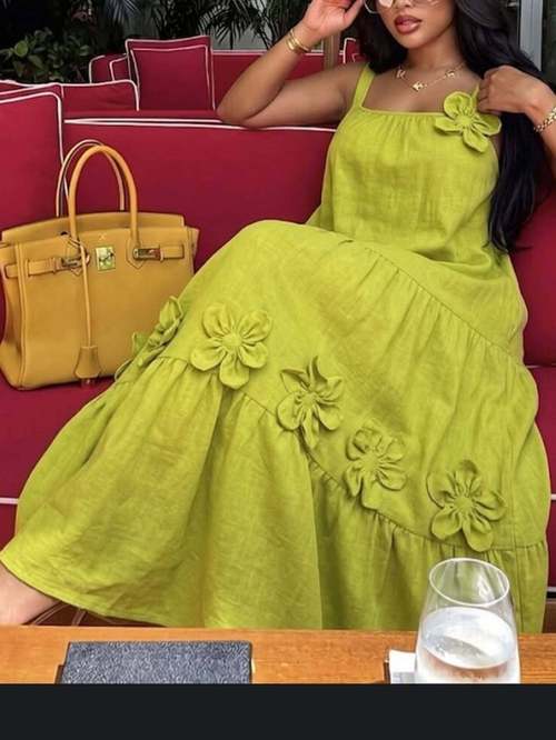 square neck spaghetti strap 3d flower tiered maxi dress for women sophisticated fresh and mature style suitable for casual vacation occasions and daily outing styling