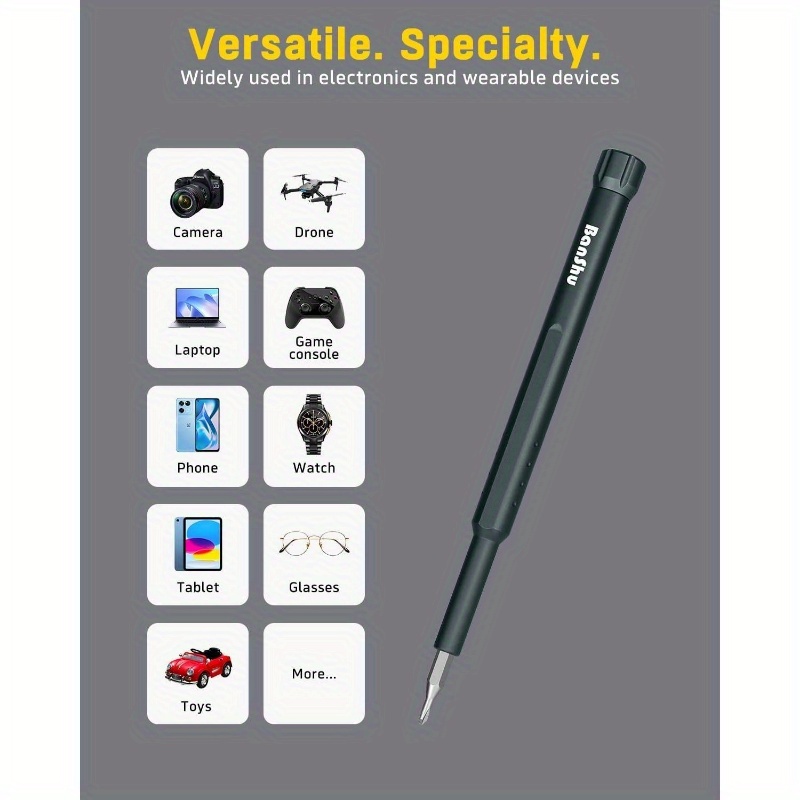   precision screwdriver set with magnetic tips - heavy-duty metal construction, ergonomic grip & compact case - phillips, flat, torx,  , pozidry, slotted, phillips #000 - for electronics, jewelry, automotive, home, diy, professional & personal use - ideal for smartphones, laptops, watches, cameras, pcs, glasses, toys - no power required -   magnetic bits for secure fastening - durable & portable tool kit for small repairs,   repair gear and diy tasks Product details 2