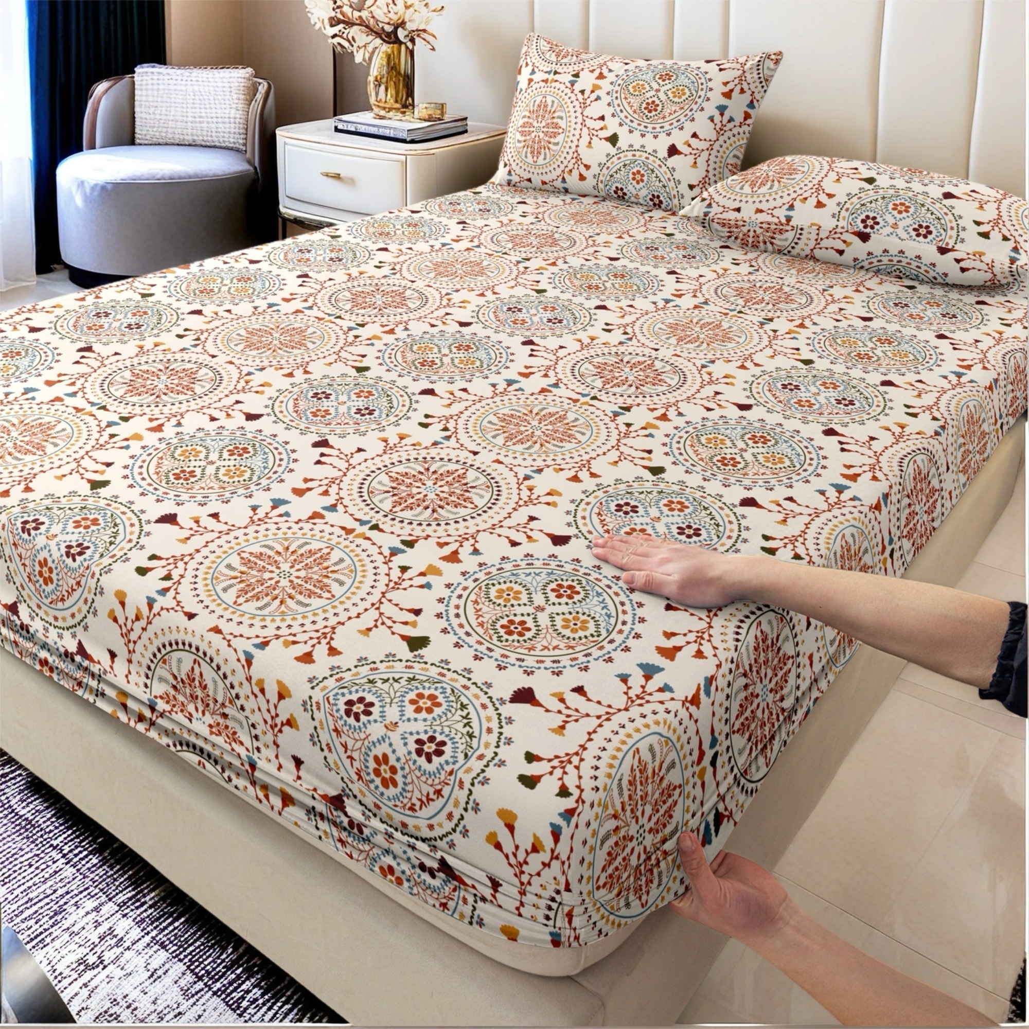 TEMU 3pcs Vintage Bohemian Mandala Pattern Bed Sheet And Pillowcase Set | 1 Fitted Sheet + 2 Pillowcases (pillow Inserts Not Included) |