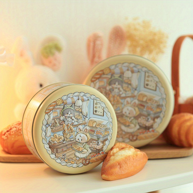 Cute Cartoon Cat & Cookie Design Metal Tin Candy Storage Box - Flip-Top Round Container with Lid, Ideal for Wedding & Christmas Decor, Candy Bar Supplies