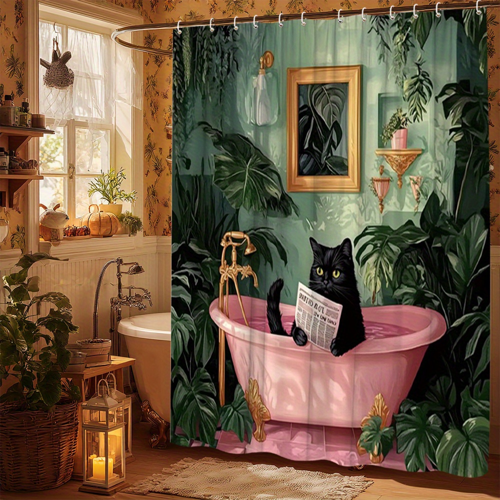 TEMU 1pc Cat Theme Shower Curtain Featuring Black Cat In Pink Bathtub Surrounded By Green Tropical Plants Bathroom Decor With 12 Hooks 70.8x70.8 Inch