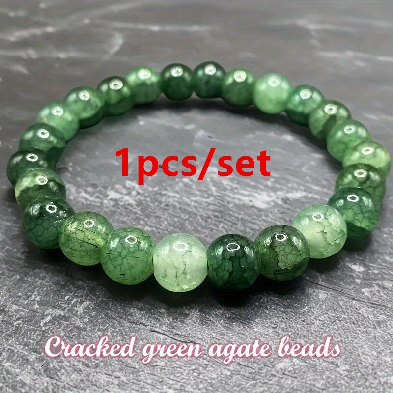 TEMU 1pc/2pcs/3pcs 8mm Neutral Bohemian Style Cracked Green Agate Bead Bracelet - Natural Stone Holiday Jewelry, Durable Quartz Design, Rustic Charm