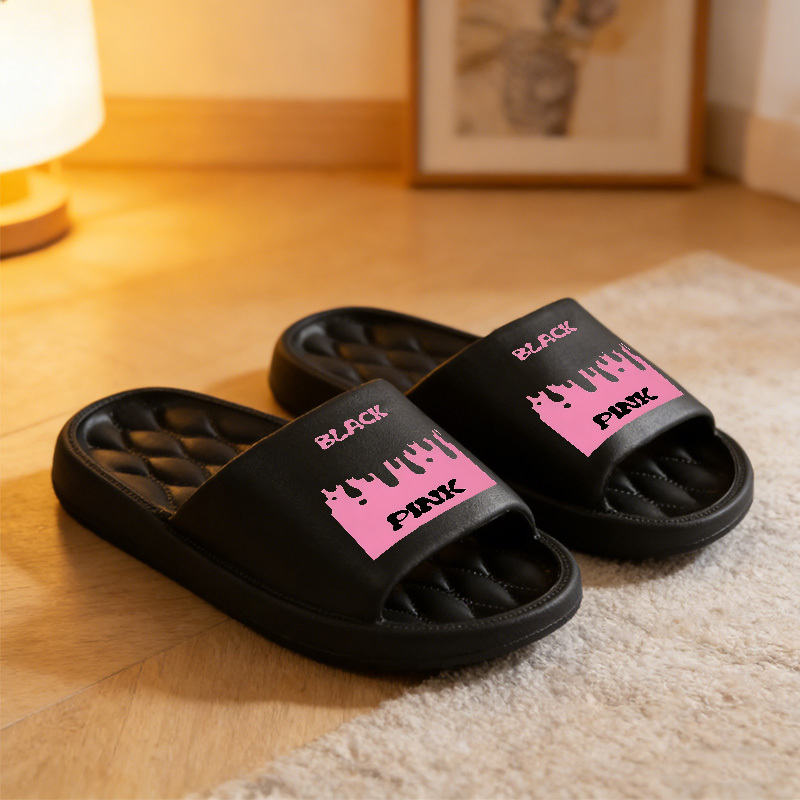 TEMU 1pair Black Pink Print Women's Summer Sandals And Bathroom Slippers, Round Toe Design, Lightweight And Soft, Couple's Beach Slippers, Suitable