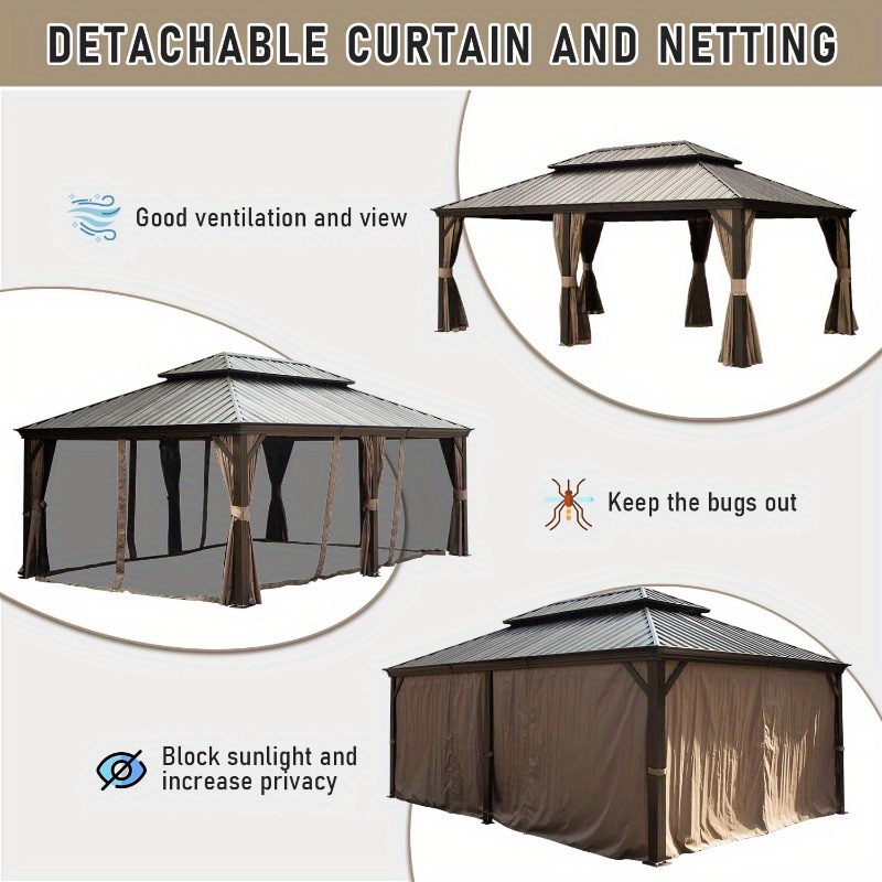 14x24FT Brown Metal Gazebo for Patio Garden Deck, Aluminum Frame with Galvanized Steel Double Roof, Built-in Gutter System, Includes Curtain and Netting, Durable Outdoor Pavilion Shelter.