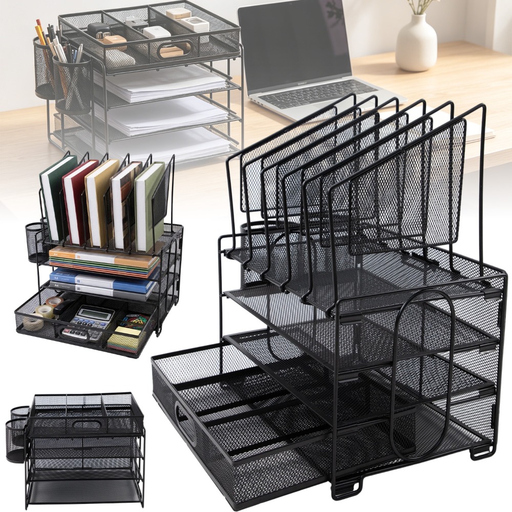 Desk Organiser Tray, 4 Tier Paper Letter Tray Organiser With Drawer And 2 Pen Holders, Metal Mesh Desk Organiser For Home Office Supplies