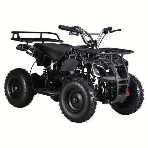 1 black 4 wheel off road motorcycle with front rear disc brakes adjustable handlebars and durable 6 inch tread tires 41 34 x25 2 x21 26