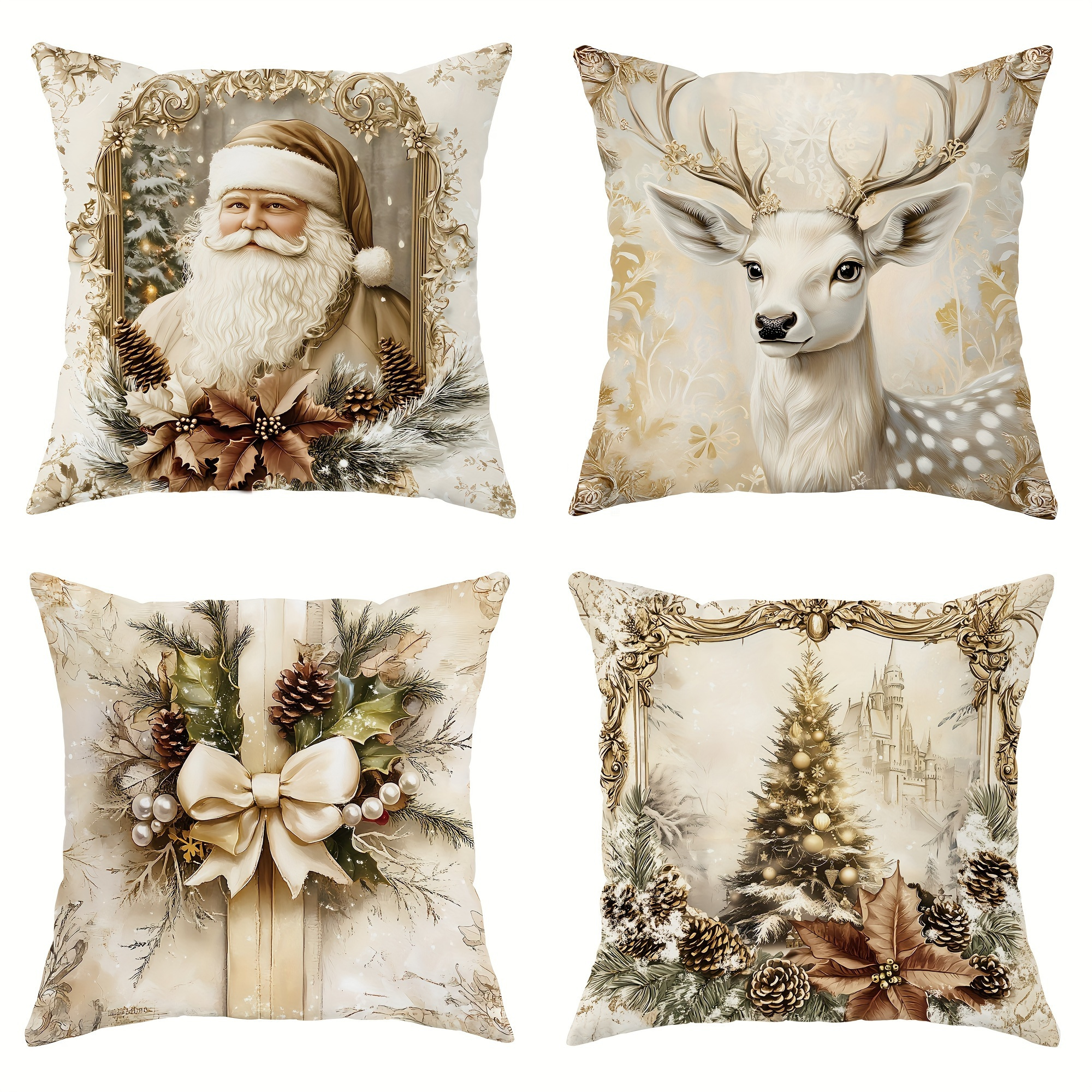 TEMU 4pcs Vintage Christmas Pillow Covers - Santa Claus, Deer, Tree & Bow Designs In Golden & White - Soft Decorative Cushion Cases With Zipper