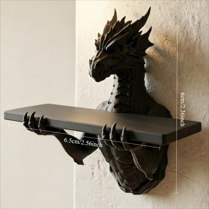 E-shop 1:12 Gothic Drachen Wandregal, Vintage geschnitztes schwarzes Drachen Schweberegal für Puppenhaus, Wandmontiertes Display Rack, Miniatur Diorama