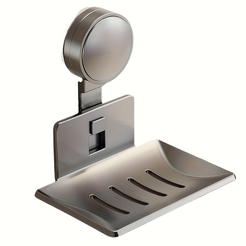 Image of 1pc Modern Gray Metal Soap Holder With Suction Cup | Wall-mounted, No-drill Bathroom Storage Rack With Drainage, For Shampoo, Toothbrush & Soap, , , Nodrill Wall Mount | Curved Soap Dish