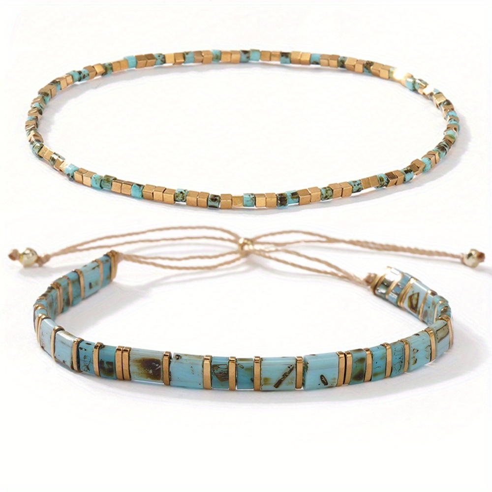 E-shop 2-teiliges modisches Armband-Set für Damen, Boho-Stil Pull-Up Glas-Stapelarmbänder, modische Damen-Armbänder in Blau- Gold-Farbschema,