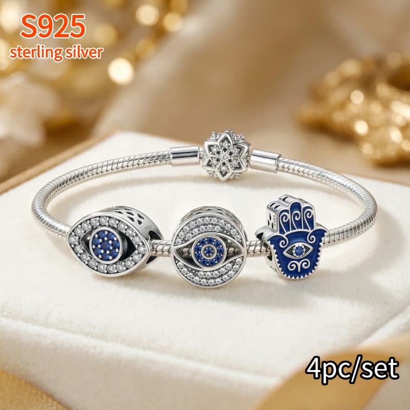Image of 4pcs 925 Sterling Silver Eye Series, Palm Charm Beads Women's Fashion Suitable Bracelet Necklace Engagement Birthday Gift