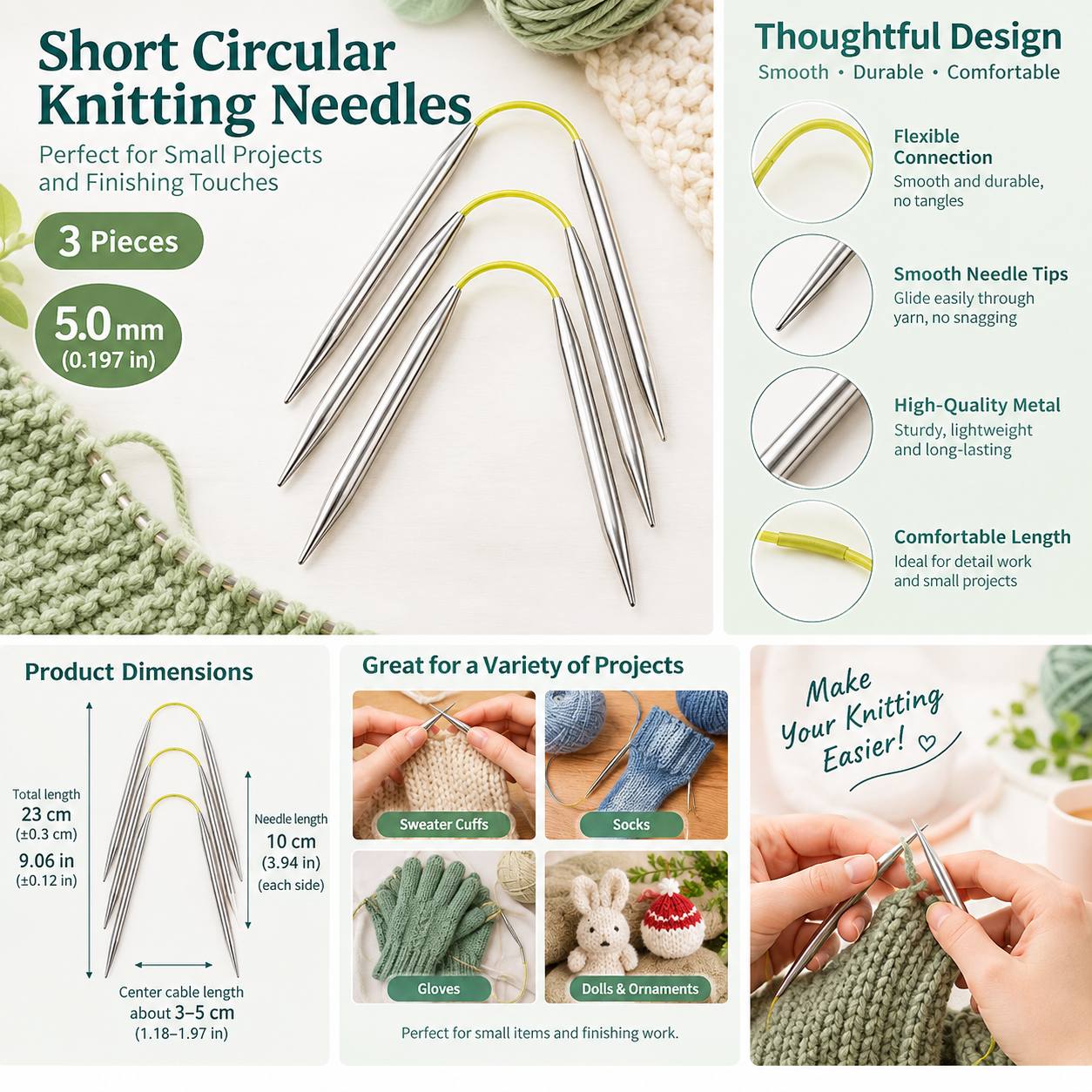 Flexible Double-Pointed Knitting Needles Set, 9 Inch