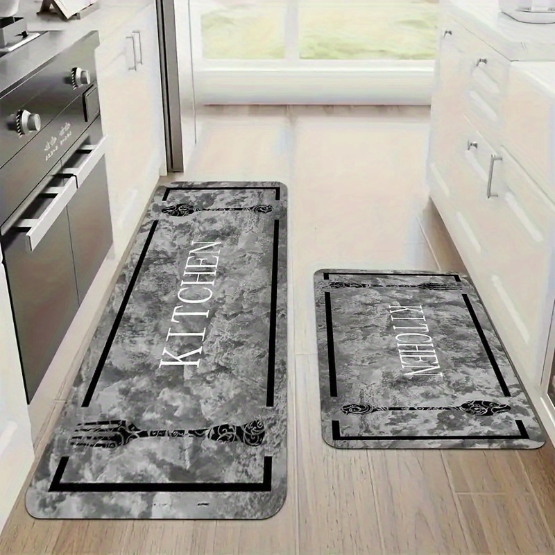 TEMU 2pcs/3pcs, Modern Simple Marble Texture Kitchen Tableware Pattern Set Mat, Flannel Material, Comfortable Standing Running Mat, Kitchen Mat,