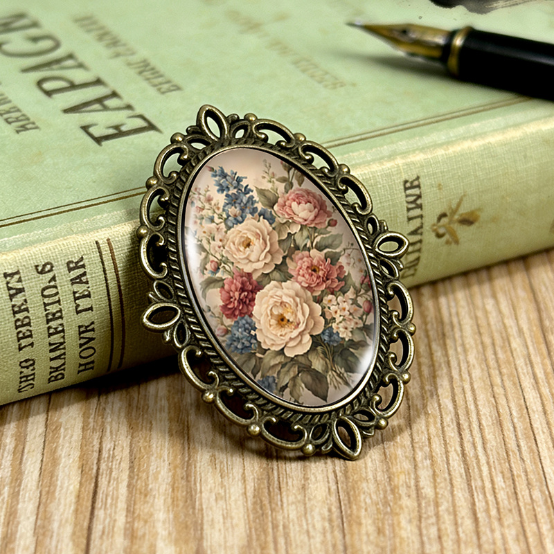 TEMU 1pc Broche Peinture à l'Huile Florale Broche en Verre Ovale Bordure Dentelle Broches Vêtements Sac à Dos Accessoire Cadeau Idéal