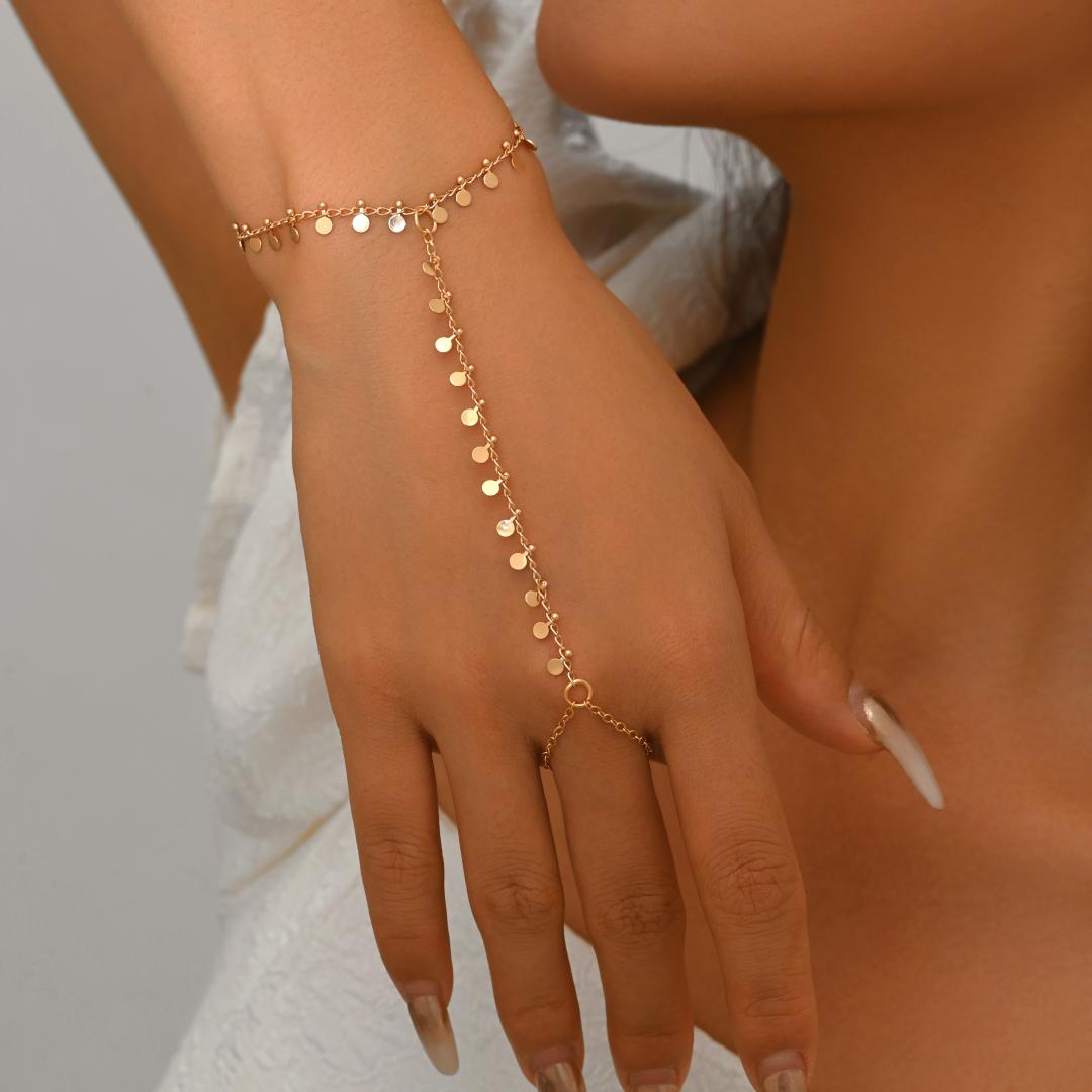 E-shop Damen Bohemian Vintage Goldfarbene Scheibe Quaste Kette Verstellbarer Armreif, Urlaubs Party Kleidung, Muttertagsgeschenk,
