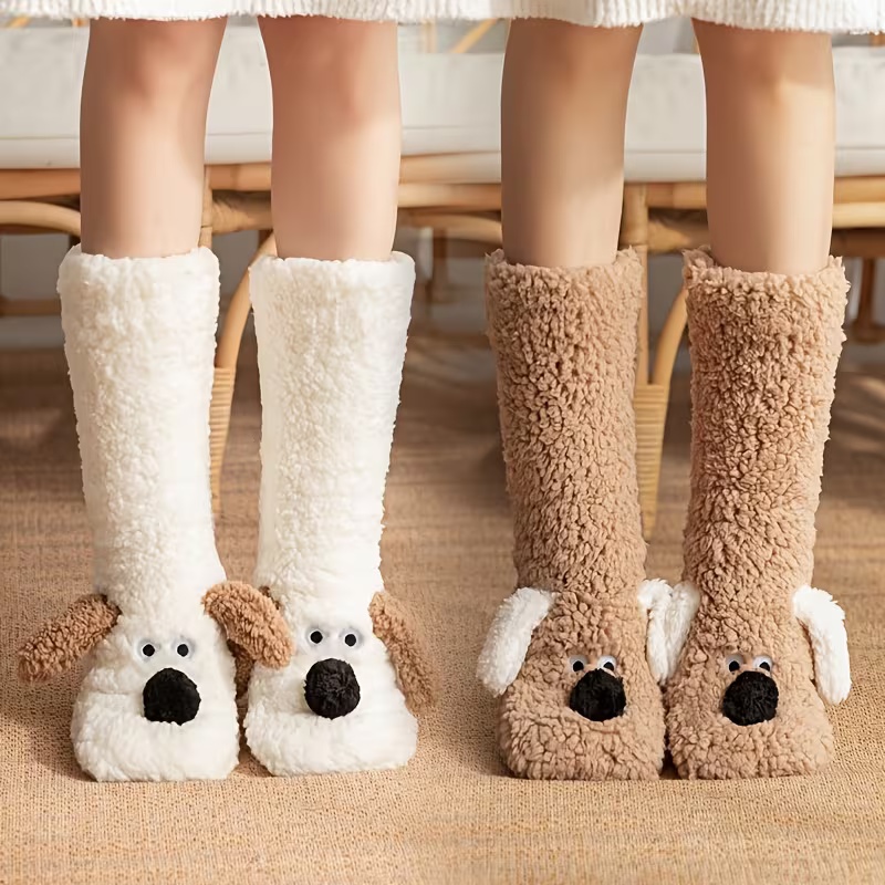 TEMU Cute Dog Design Plush Mid Calf Socks, Novelty Cartoon Animal Socks, Ideal For Christmas Party, Holiday Gift And Cozy Indoor Daily Wear
