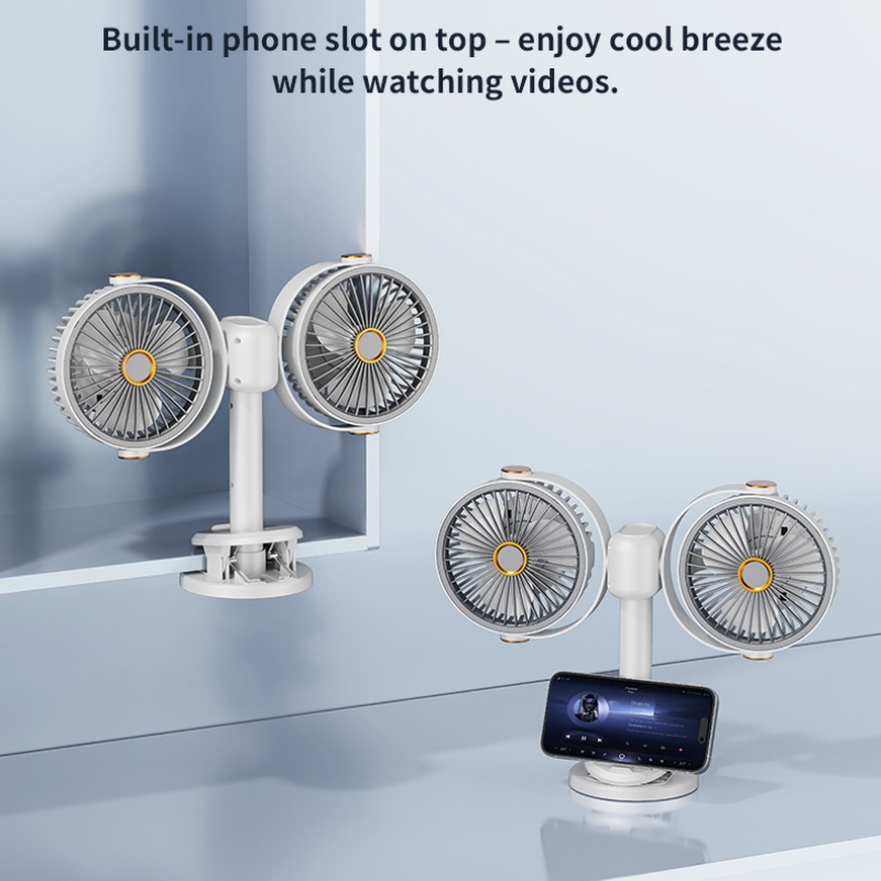 A Dual-Head Fan with Independent Control That Can Be Clipped, Hung, Stood, Or Suspended, Featuring Five Speed Settings That Can Be Switched with a Single Button. It Makes a Perfect Gift for Family, Friends, And Colleagues, Suitable for Housewarming