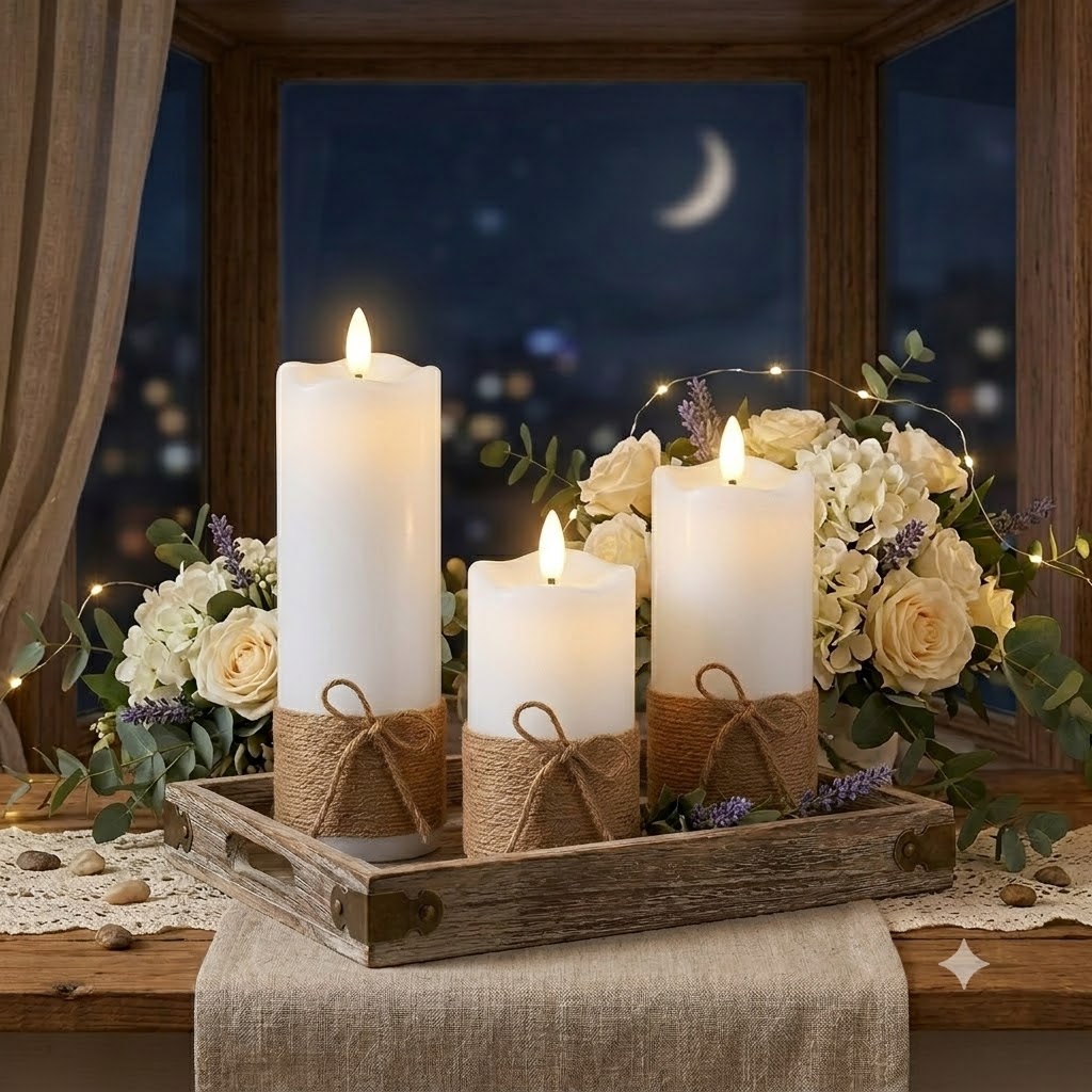 TEMU 3pcs Set Led Realistic Flame Effect Battery-powered Candles, Jute Rope Style Pillar Candles With Remote Control (batteries Not Included),