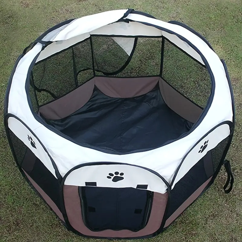 durable oxford cloth octagonal pet playpen for cats and dogs foldable scratch resistant two tone design with paw print accents indoor outdoor use   portable pet playpen travel   pen durable pet tent