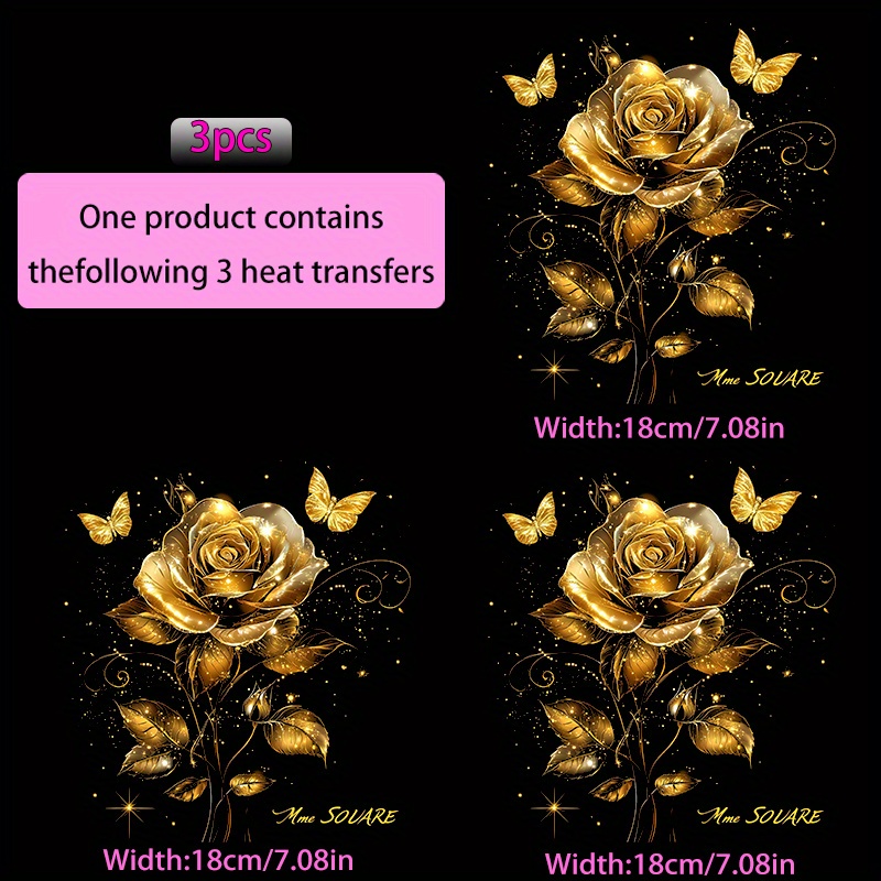 TEMU A Set Of 3 Golden Rose Heat Transfer Stickers That Cut And Without , Specifically Designed For Use On Backpacks, Cushions, And Pants. Are ,
