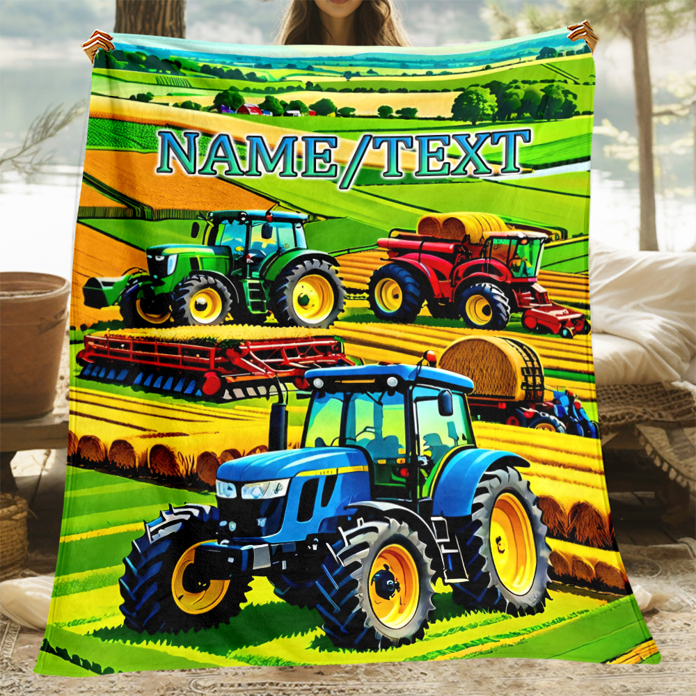 

1pc Customizable Tractor Pattern Polyester Fleece Blanket - Personalized Name & Text, Soft Warm Flannel Throw For Sofa, Bed, Travel - Design, Ideal Gift For Family Or Friends