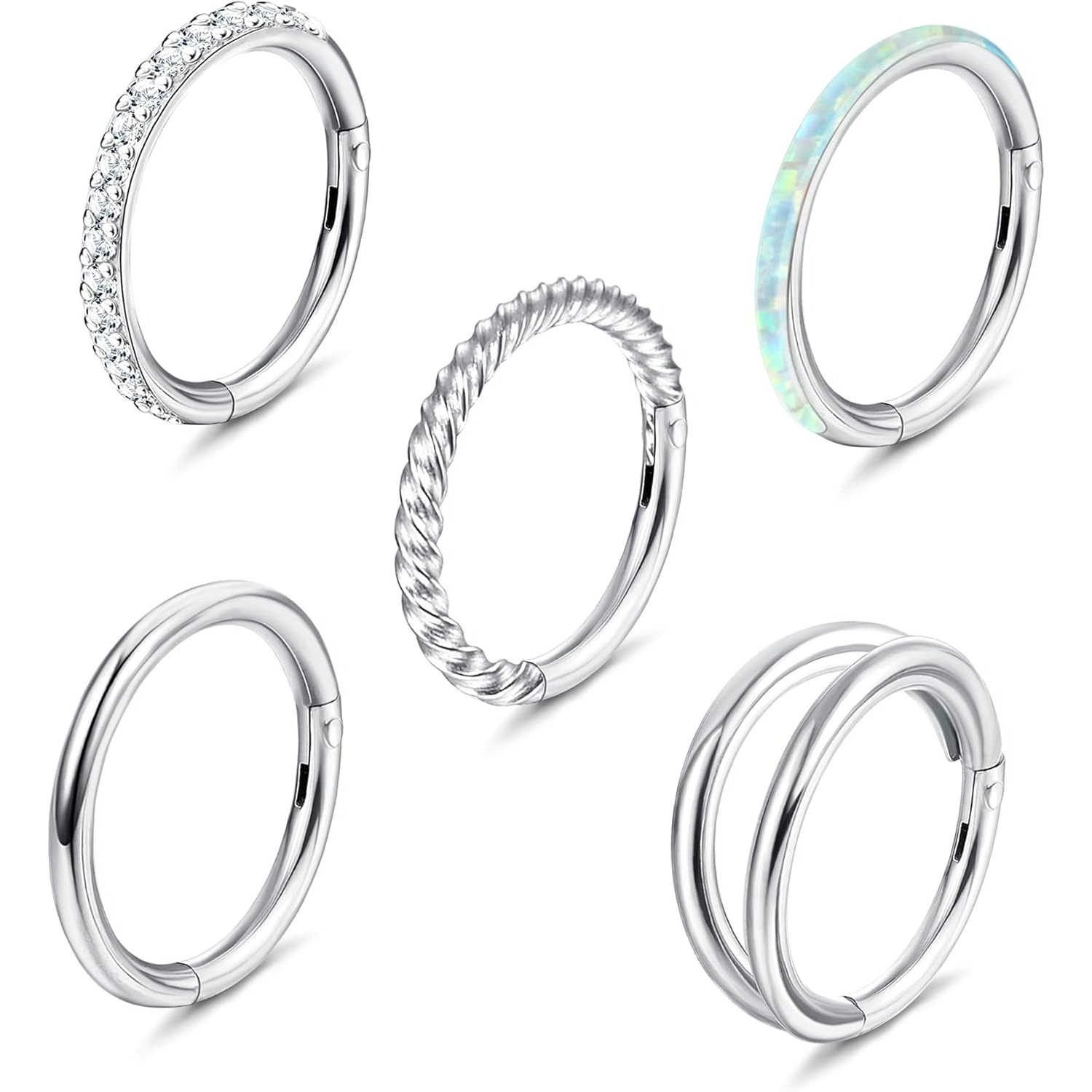 Image of Set Of 5 Surgical Steel Nose Hoops Designed For Women, Featuring Clicker Hinges Suitable For Septum, Lip, Helix, Cartilage, Daith, Rook, And Conch Piercings, In Sizes 8mm And 10mm