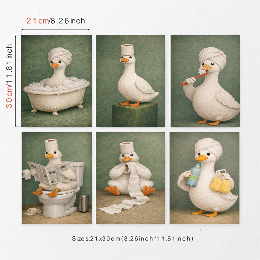 TEMU 2d Flat, 2d Flat, 2d Flat 6pcs Fun Duck Bathroom Wall Art Canvas Poster Canvas Painting Cute Duck Bathing Toilet Humorous Animal Artwork, Green
