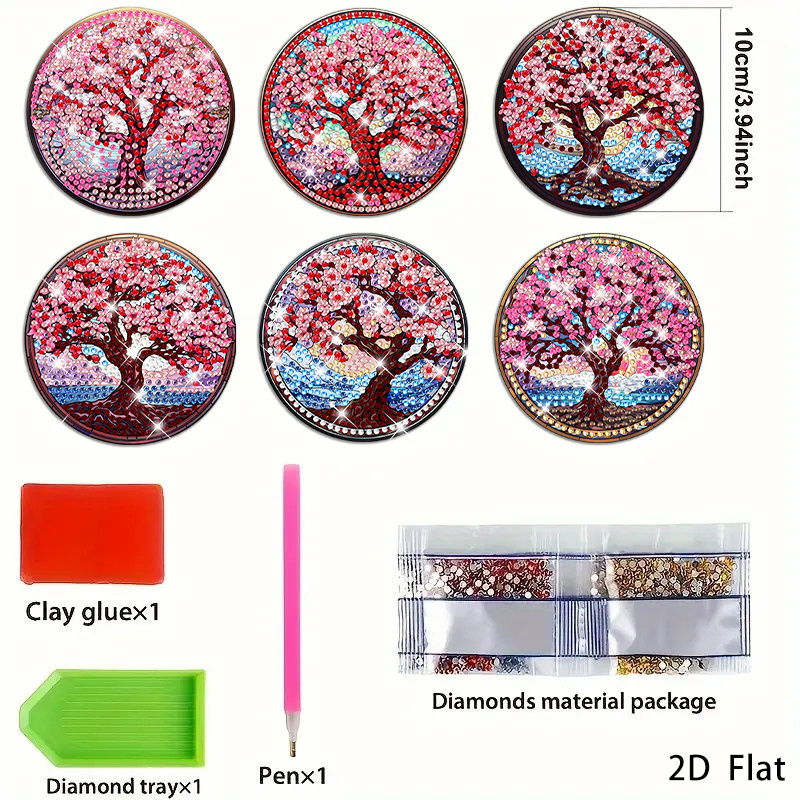 TEMU Diamond Painting - 6 Stijlen Glazen Kersenbloesemboom Diamant Onderzetter Set Diamant Kunst Onderzetter, Decoratieve Kunst, Geschikt voor Huis-