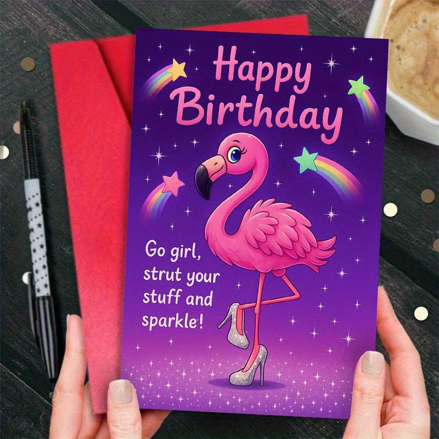TEMU 1pc Bright Happy Birthday Greeting Card With Cute Flamingo And Inspirational Message Perfect For Coworkers And Celebrations Joy And Sparkle