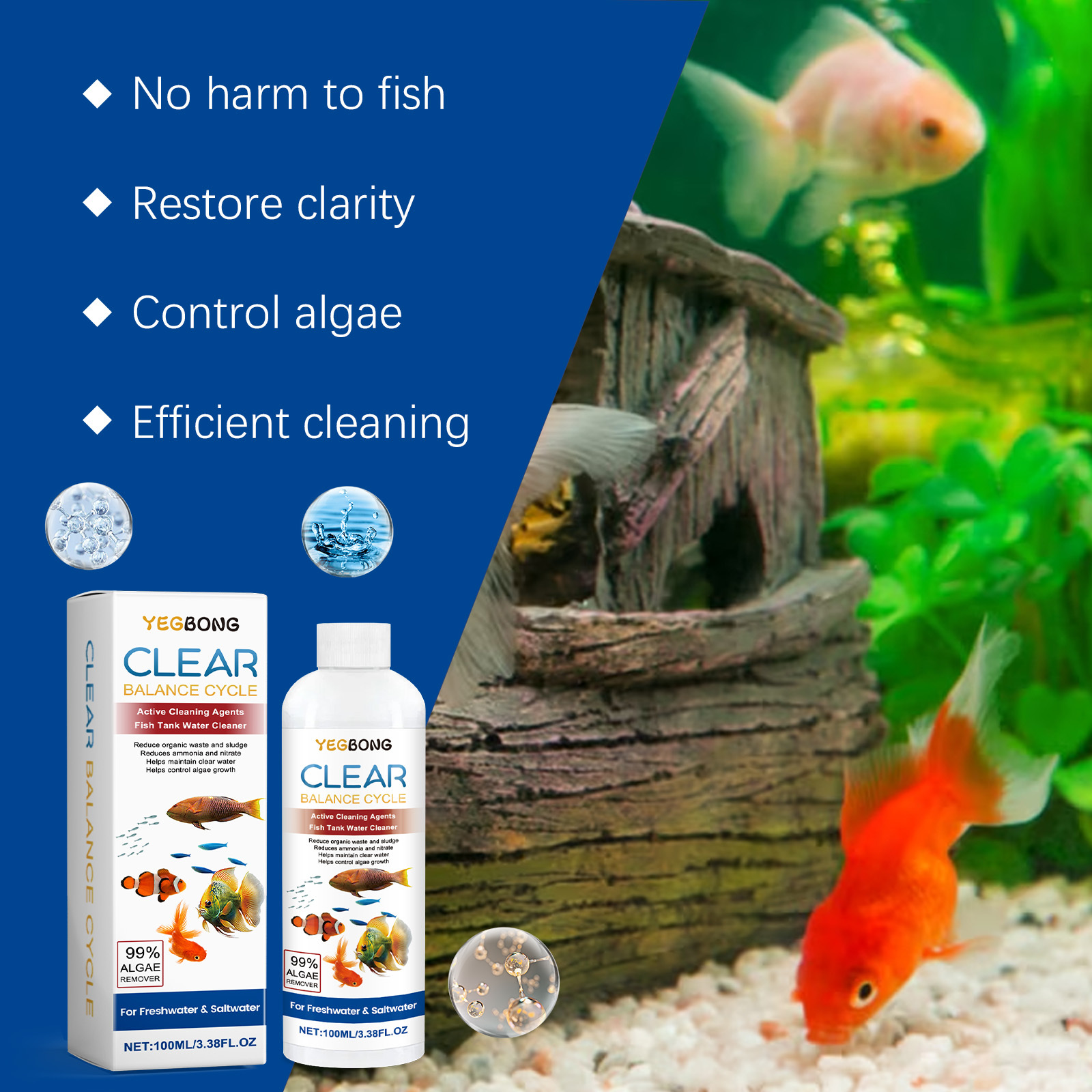 100ML Aquarium Water Clarifying Agent, Integrating Dirt Removal And Water Purification, Aquarium Purification, Maintaining Long-Term Ecological Balance of The Aquarium, Aquarium Water Purifier, Improving Water Quality, Aquarium Biological Purifier