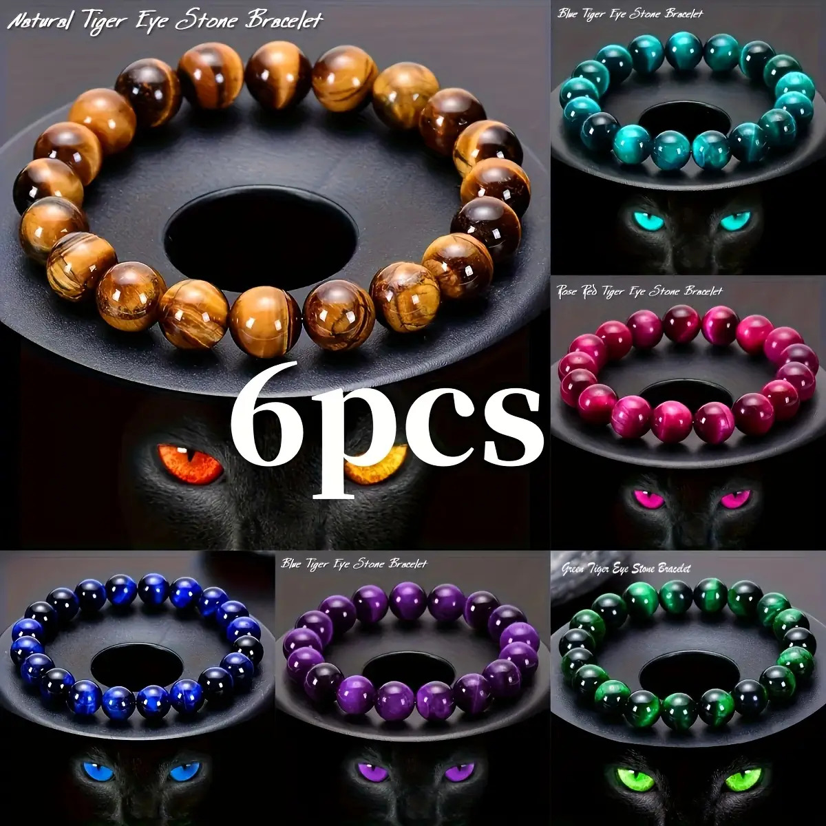 TEMU 6pcs Tiger Eye Stone Bracelet Set- 8mm Size, Handmade, Bohemian Style, Suitable For Casual Outfits- Unisex Design- Ideal Gift For Valentine's
