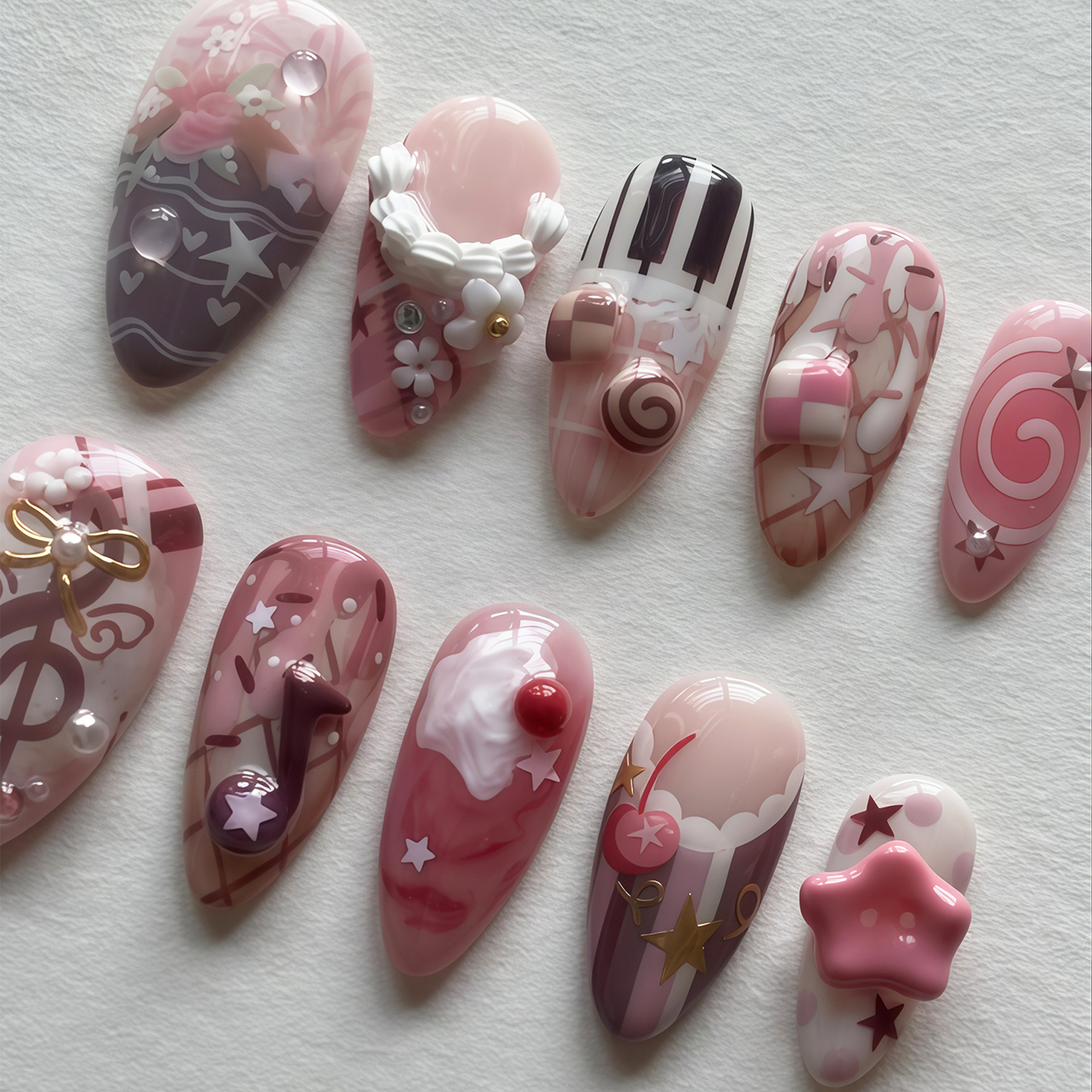 TEMU Enhance Your Beauty - 10pcs Almond-shaped Press-on Nails With Elegant And Cool Y2k Design, Featuring Irregular Stripes, 3d Ribbon Bow, Polka