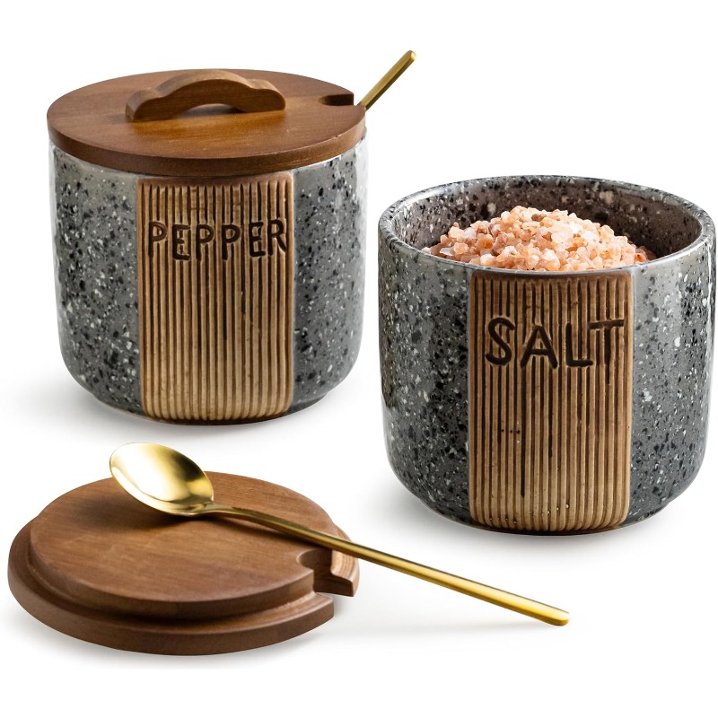 ceramic salt and pepper bowl set with marble like gray wood lid 10oz salt shaker container pepper grinder holder dishwasher rustic countertop organizer with spoons compatible with salt pepper cellar Product details 0
