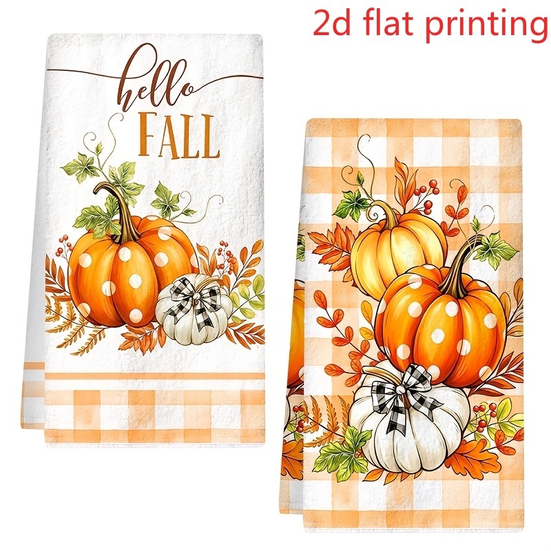 TEMU Ensemble de 2 torchons de cuisine avec impression 2D plate, tampons à récurer et torchons à vaisselle, motif de citrouille, et d'automne, style