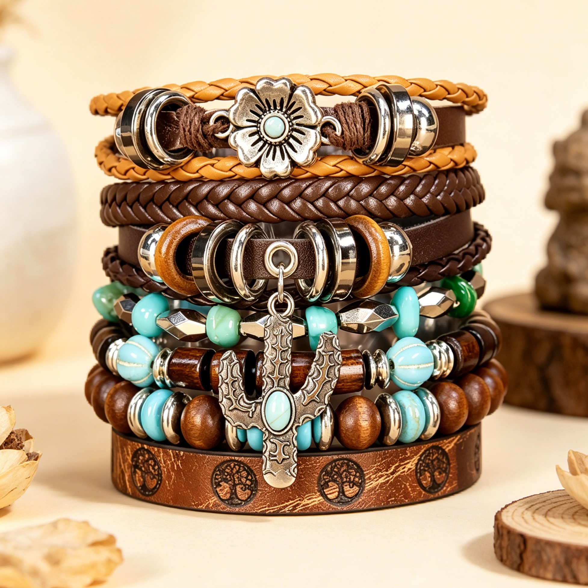 TEMU 6pcs Men's And Women's Bohemian Western Style Wooden Bead Pu Bracelet Set, Embellished With Cactus And Turquoise, Simple And Stylish Design,