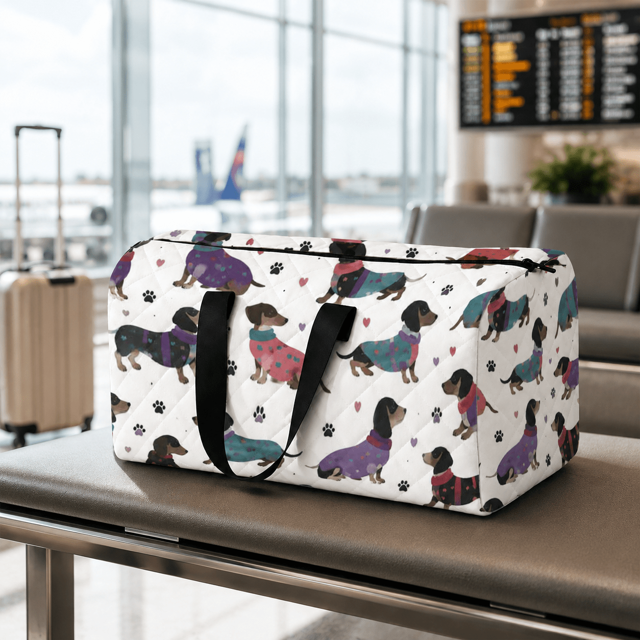 TEMU Jit1pc Cute Sweater Dachshund Print Tote Bag, Diamond Lattice Large Capacity Travel Duffel Bag, Portable Overnight Bag Bag, Bag, Portable