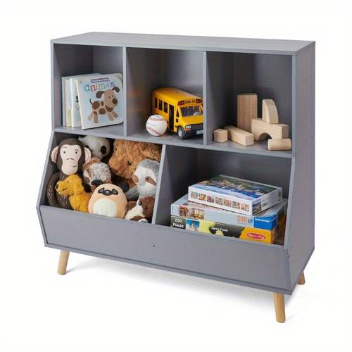 s 5bin wood toy storage organizer and bookshelf with feet 7 4 cu ft gray