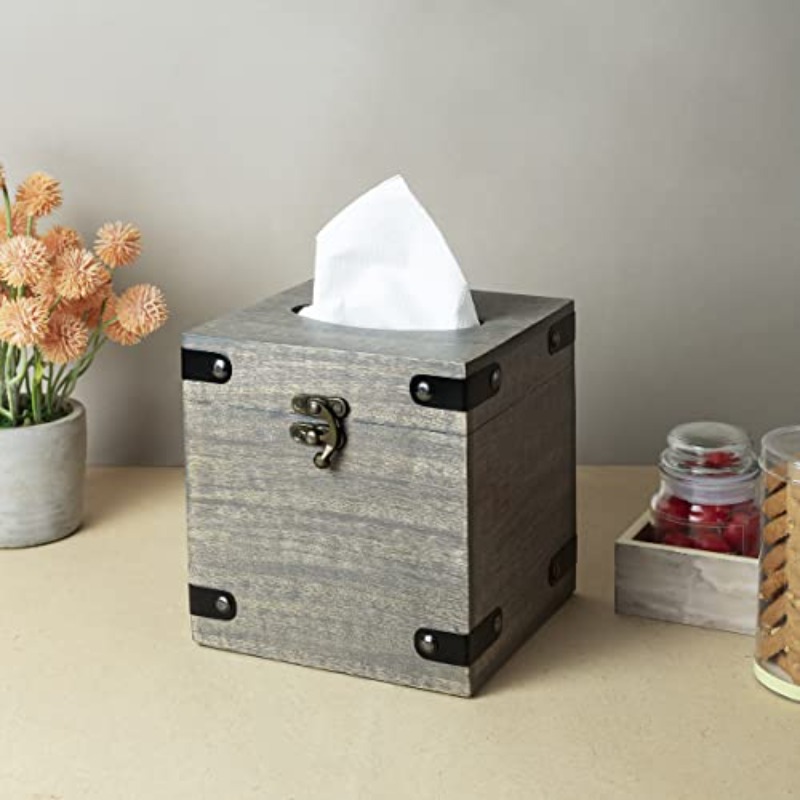 1pc solid mango wood tissue box holder with lid - modern rustic grey washed  ,   square design with black legs & hinges, fits bathroom vanity, nightstand, desk - durable & sturdy storage cabinet for tissues, napkins, facial tissues - fits most boxes (5.75” wide) - mango wood construction, easy-access lid & secure closure, space-saving organizer Product details 2