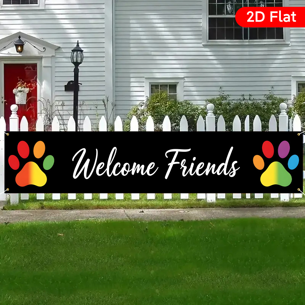 TEMU 2d Flat, 1pc Large Welcome Banner Suitable For Weddings, Birthdays, Parties - Colorful Paw & Elegant Cursive Lettering Yard Sign, Housewarming