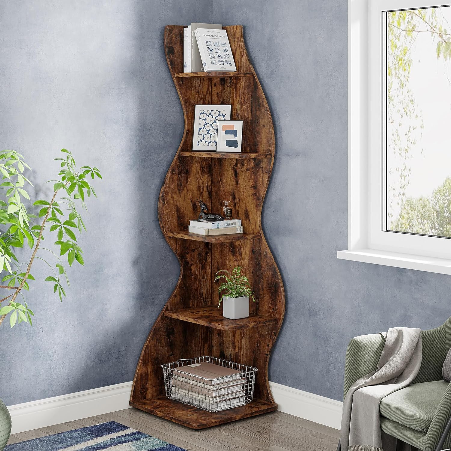 Corner Shelf, 70 Inch Tall Storage Shelf, Bookcase, Plant Stand, Organiser Unit, 5 Tiers, Modern, For Home, Office, Living Room, Bedroom, Balcony, Brown, 1pc