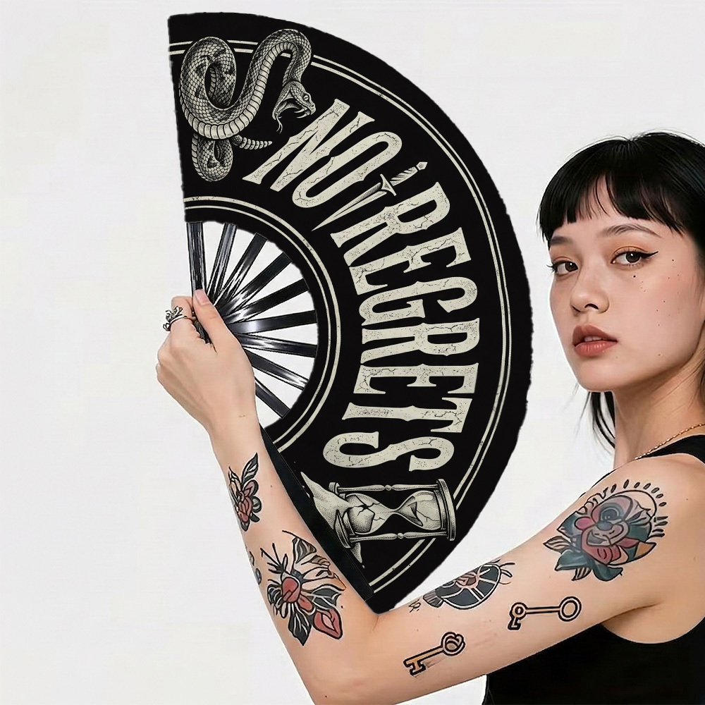 TEMU 1pc Traditional Tattoo Aesthetic Folding Hand Fan With Print - Portable Cooling Fan Suitable For Summer, Durable Plastic Portable Suitable For