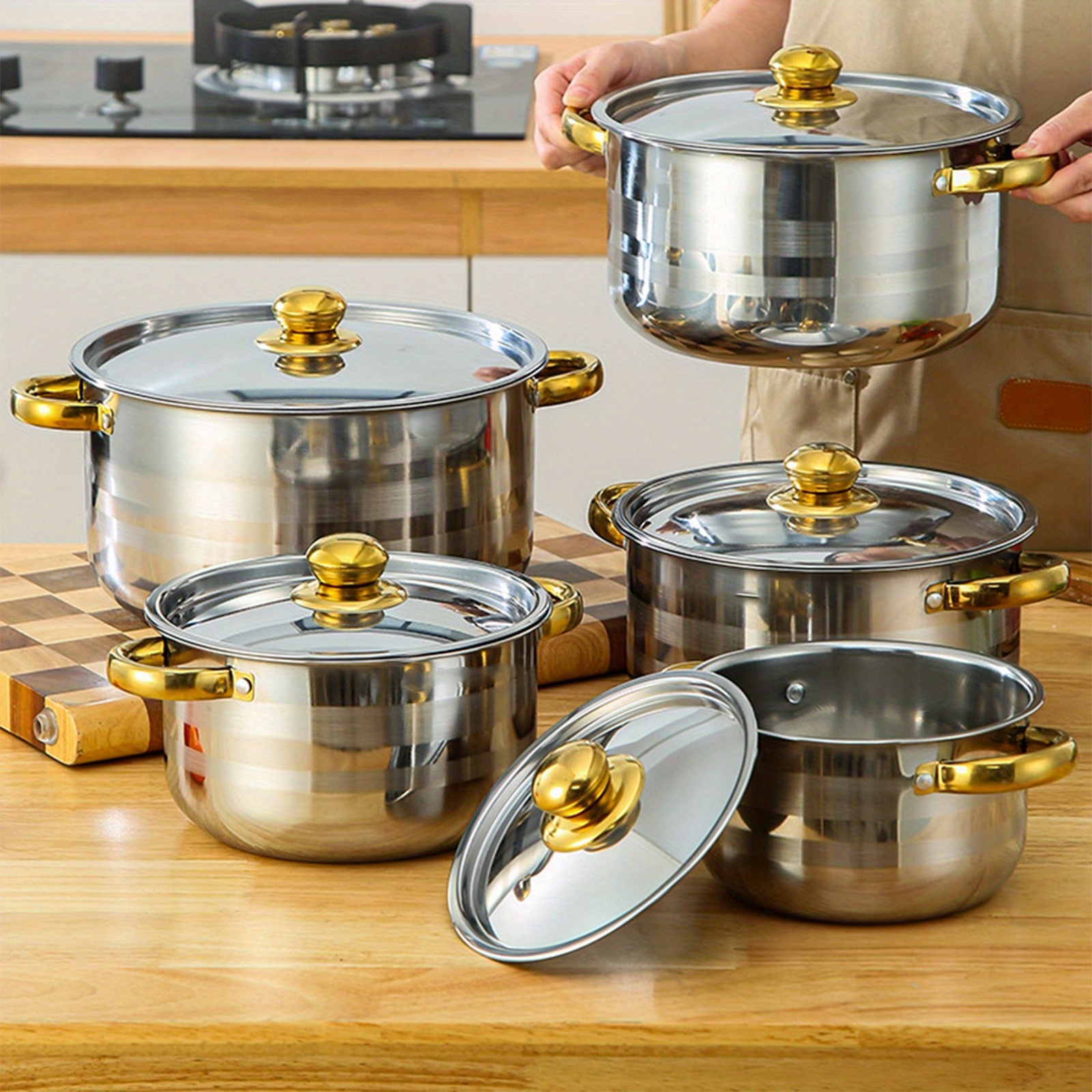 TEMU 10pcs Stainless Steel Pot Set, Specifications Are 18/ 20/ 22/ 24/ 26cm, Stainless Steel Cooking Pot, 5 Pots And 5 Lids, Stainless Steel Double