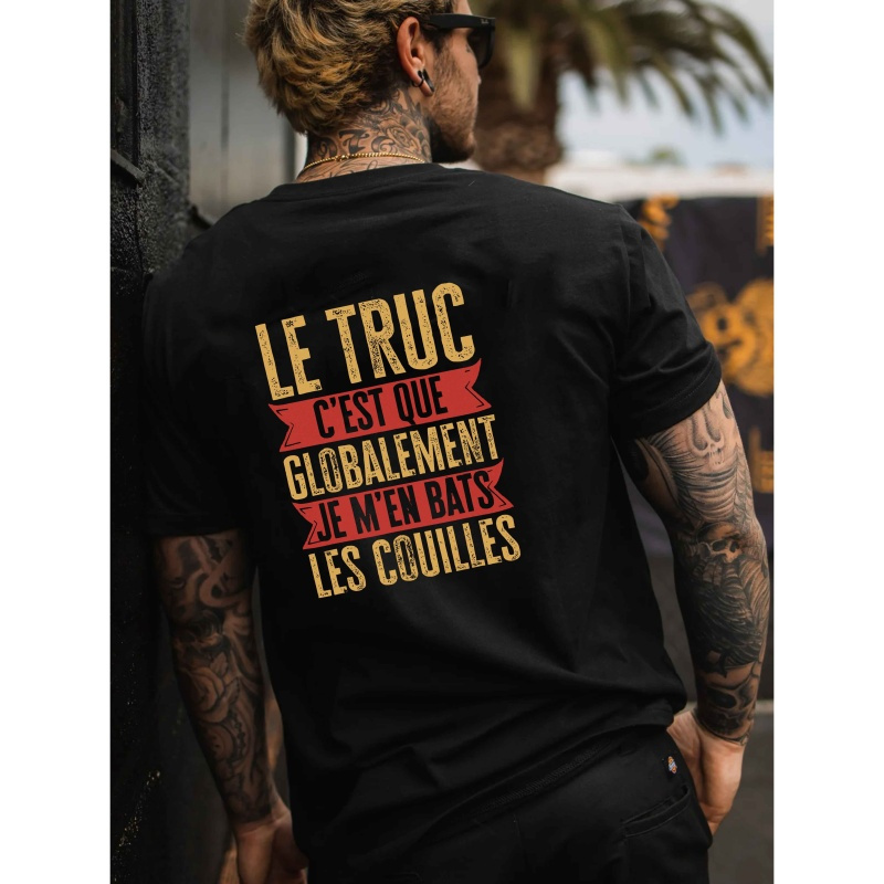 

T-shirt décontracté à col rond pour homme avec imprimé slogan , haut à manches courtes 100% polyester, t-shirt en d'été, coupe régulière, stretch moyen, ceinture, pour - H Size