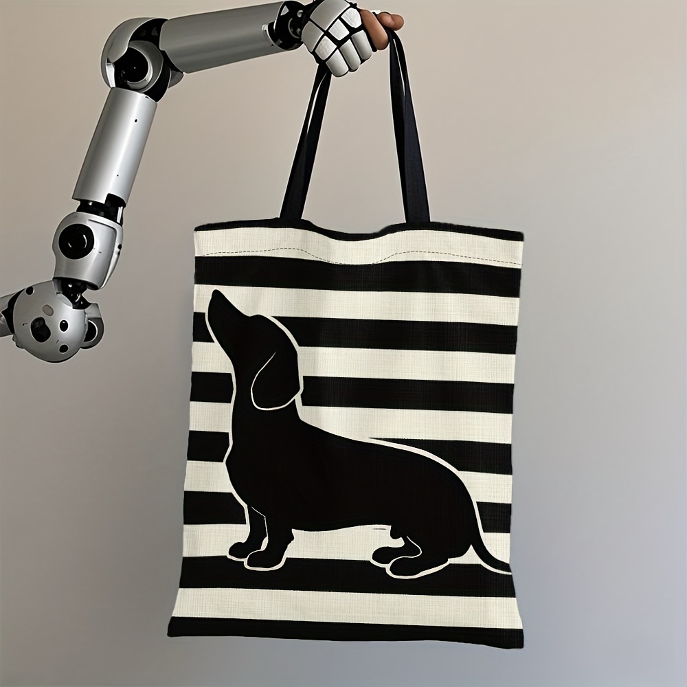TEMU Bolsa tote de 1 pieza con estampado de perro salchicha adorable - Rayas con silueta de perro salchicha, bolsa tote rectangular duradera para