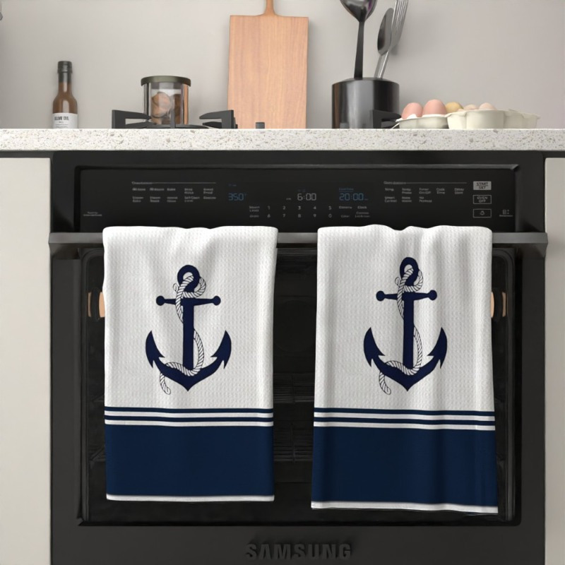 

2pcs Nautical Anchor Towels, 18x26 Inches, Super Polyester, Contemporary Marine Design, Machine Washable, Ideal For Kitchen, Bathroom, Beach, Sailor & Ocean Enthusiasts